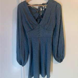 Textured Slate Blue Long-Sleeve V-Neck Mini Dress